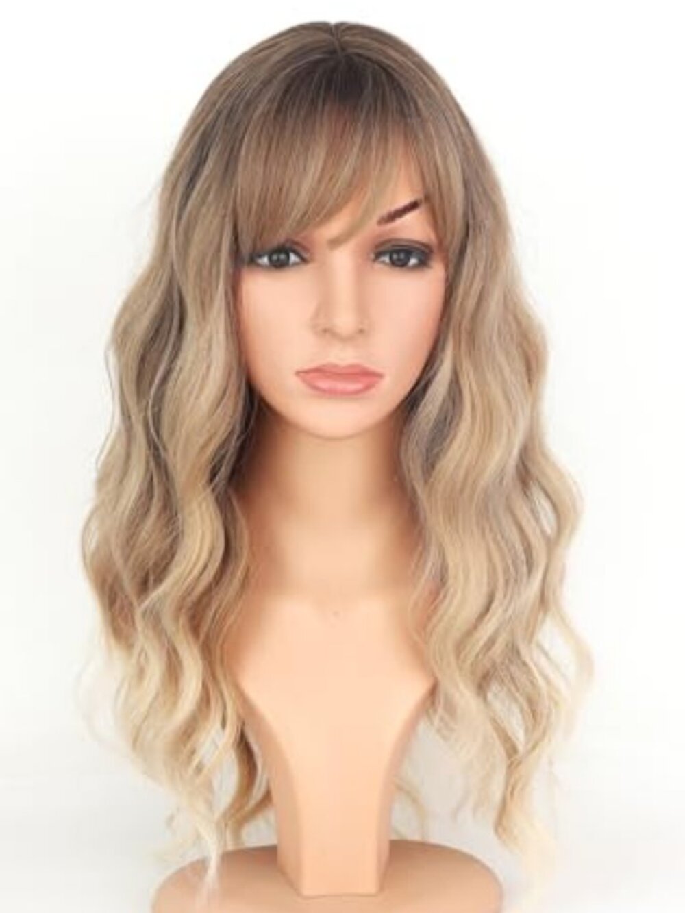 Ombre Dirty Blonde Wavy Wigs With Bangs For Women Medium Long Ash Blonde